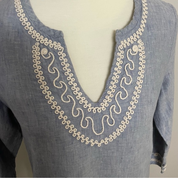 Vineyard Vines Tunic Top Embroidered Linen 3/4 Sleeve Rope Detail Blue Cream - Picture 2 of 11